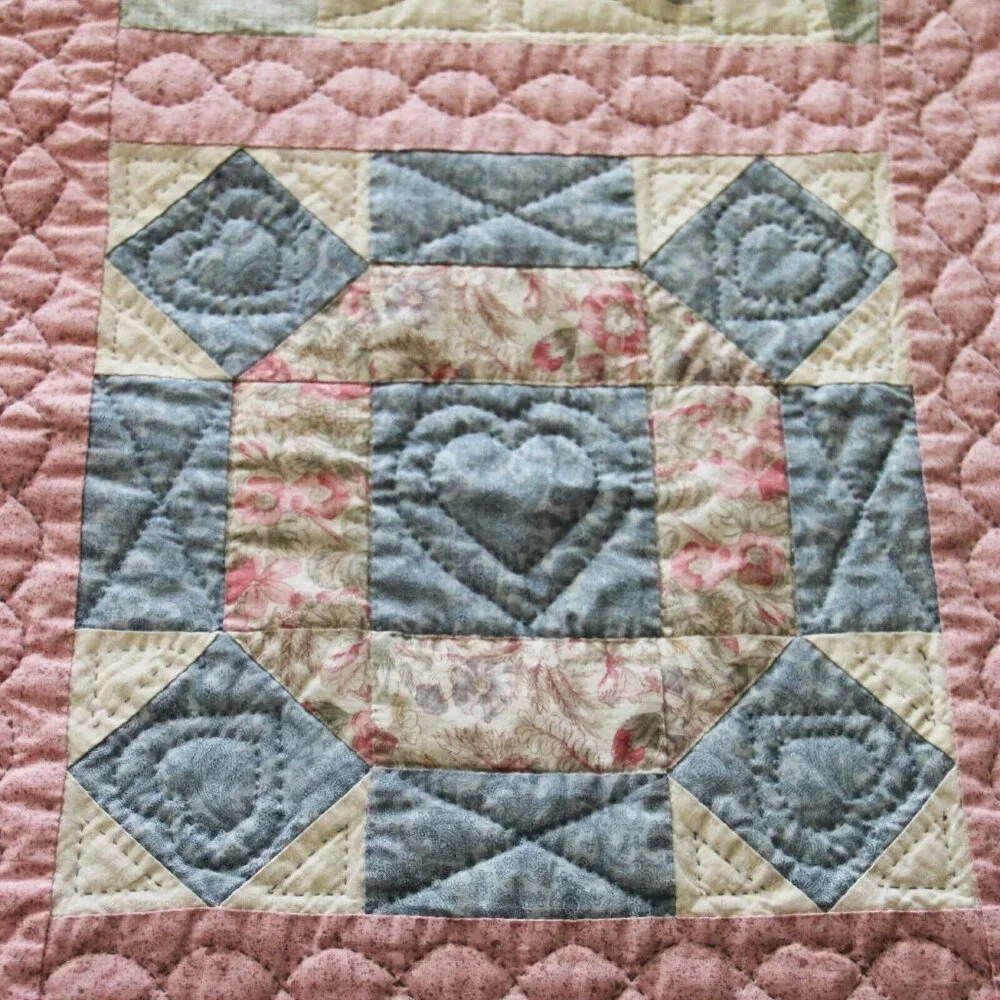 Vintage 80's/90's Completely Handmade Hand Stitched Quilt Pink Squares 87L x 60W